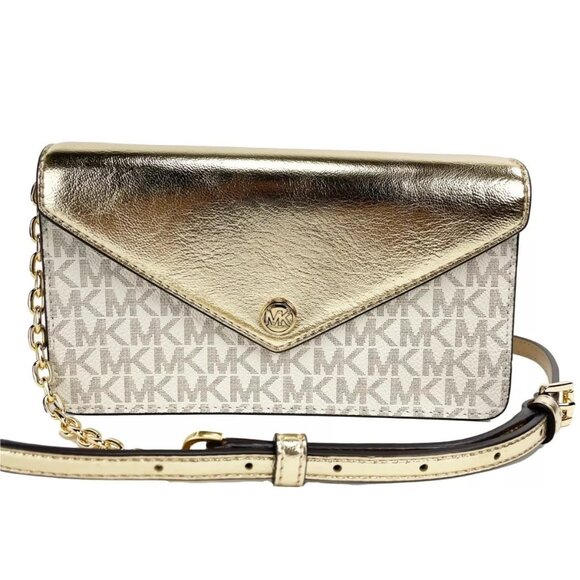 NEW Michael Kors Jet Set Gold Flap Clutch Crossbody Bag PVC Pale Gold Small NWT - Picture 3 of 6